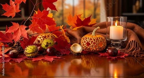 Autumn arrangement features glowing candles and vibrant red leaves on wood.
