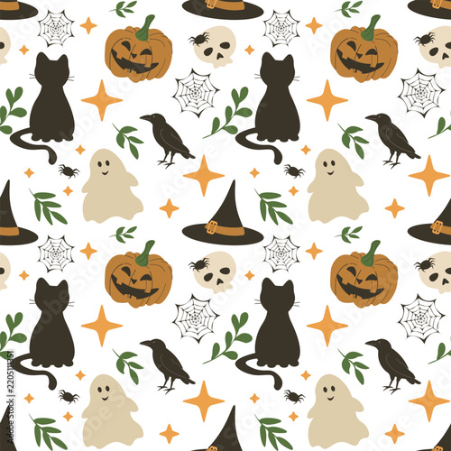 Magical seamless Halloween pattern featuring black cats, witch hats, jack o lanterns, ghosts, ravens, skulls, and sparkles on white. Ideal for whimsical fall textiles, witchy digital paper, and decor.