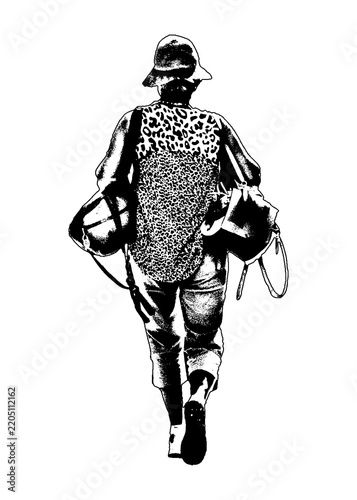Isolated graphic of adult woman carrying bags