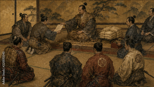 Japanese lord receiving a document during a formal audience