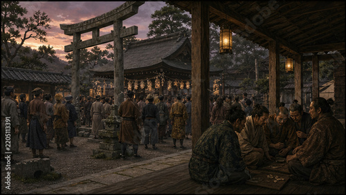 Evening gathering beside a Japanese shrine gate and lanterns