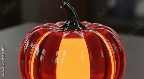 Shiny red glass pumpkin sculpture reflecting warm golden light on a dark surface.