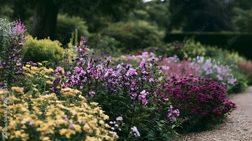 Obraz premium A vibrant garden bed bursting with colorful flowers along a gravel path under soft natural light