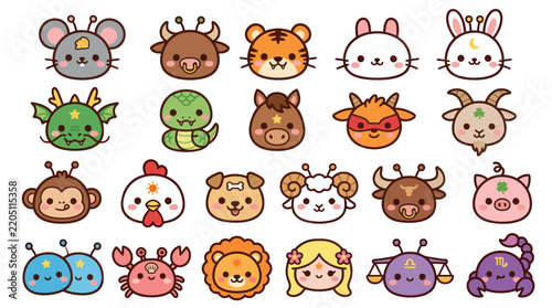 Cute animal zodiac characters set