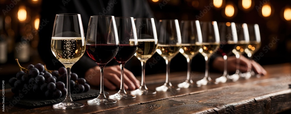 Obraz premium Row of wine glasses with red, white liquid on wooden bar. Dark grapes on slate table in foreground. Waiter stands behind glasses in dim light restaurant. Elegant tasting set with bubbles, bokeh