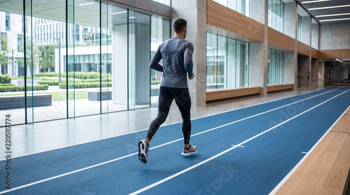 A fit young male athlete running on a modern indoor blue track inside a contemporary building for cardiovascular endurance training