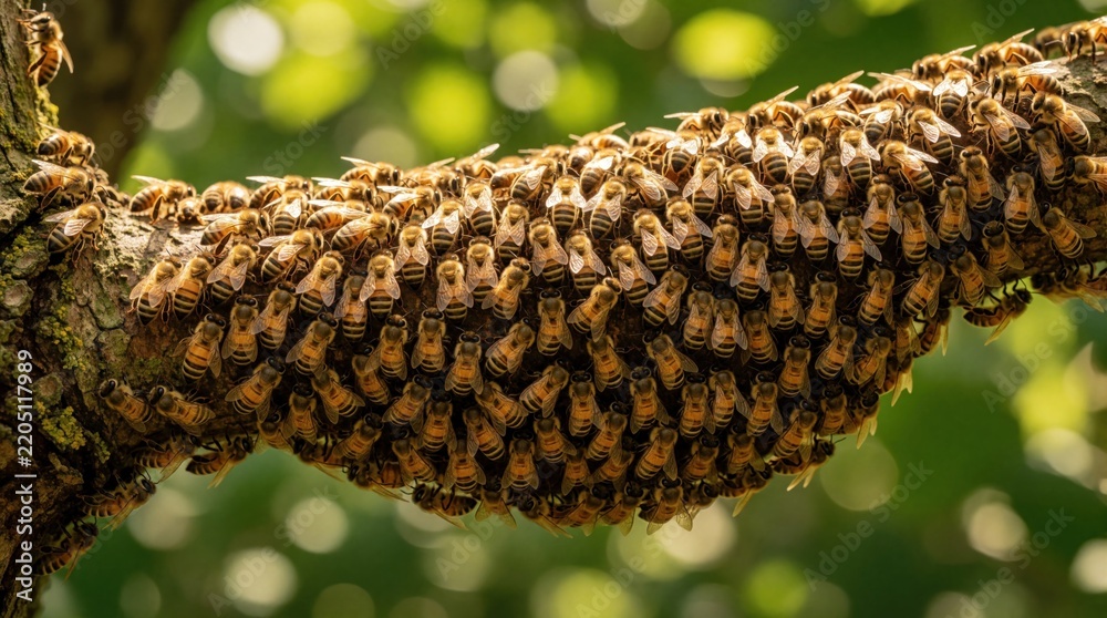 Fototapeta premium Large swarm of honey bees covers tree branch in forest. Many insects cluster together to form living bridge. Natural colony of pollinators works in community on wood surface. Group of bees shows