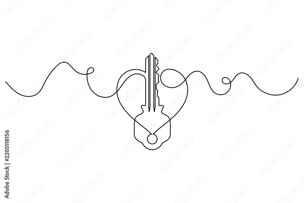 Obraz premium Heart key continuous line drawing for love solution and access symbol