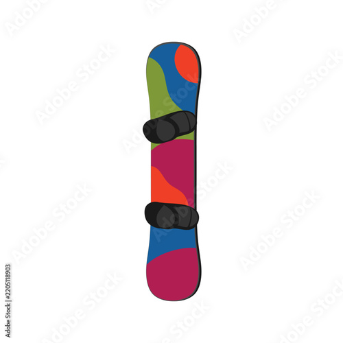 Colorful vector Snowboard, winter sport equipment in flat style. Snow board with binding straps for mountain riding. Sports gear for extreme recreation and active leisure.Cartoon illustration isolated