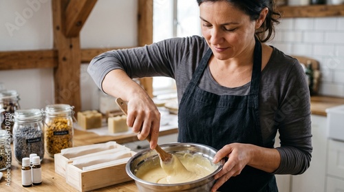 Woman making handmade soap mixing ingredients in a bowl with wooden spoon in a rustic kitchen setting
