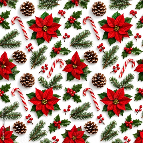 Seamless 3D Christmas Pattern with Red Poinsettia Flowers, Pinecones, and Candy Canes