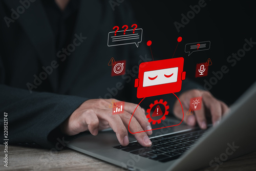 AI chatbot error interface with warning alerts and unanswered questions, representing virtual assistant failure, communication problems, system malfunction and unreliable automation.