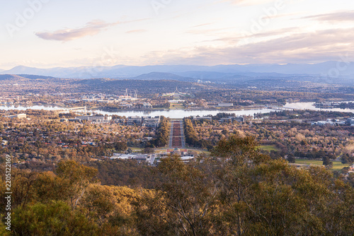 Fotografie Canberra Australia capital in ACT landscape at sunset shooting from Mount Ainsli