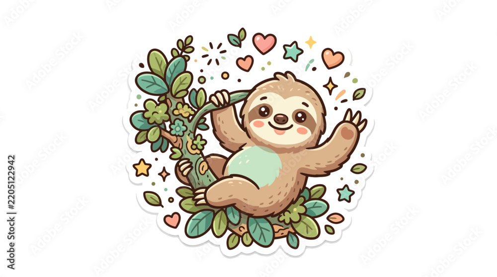 Fototapeta premium Cute Cartoon Sloth Hanging on Tree Branch with Hearts and Stars Sticker Illustration