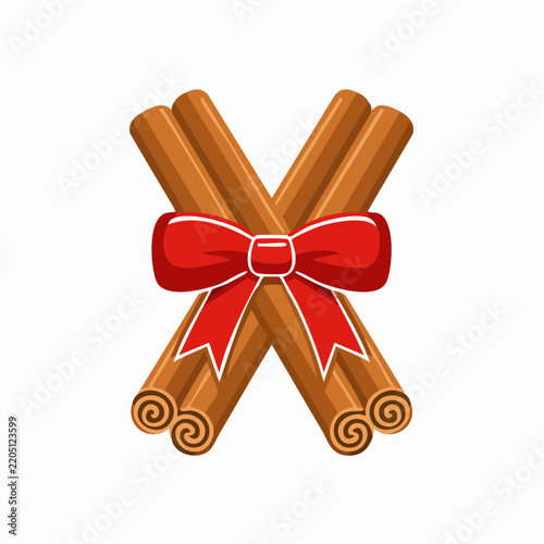 Two crossed cinnamon sticks tied with a red velvet ribbon bow