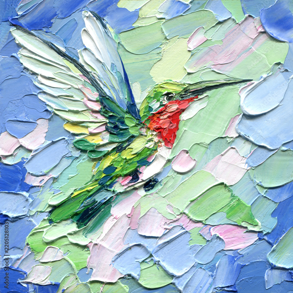 Obraz premium Hummingbird painting with green plumage and red throat in flight against a soft blue background with thick impasto texture for art