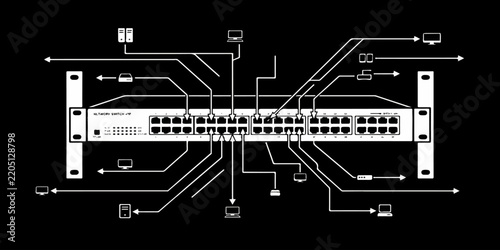 Network Switch Diagram with Connected Devices on a Black Background
