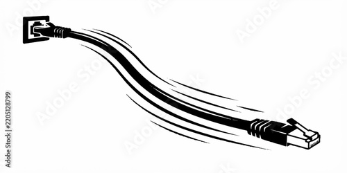 Ethernet cable connecting to wall socket with motion lines indicating speed and data transfer