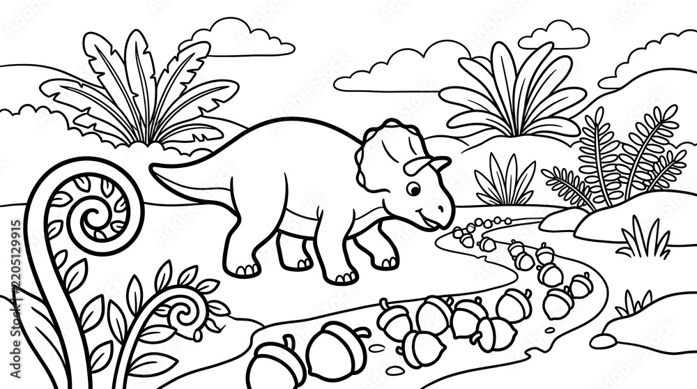 Fototapeta premium Cartoon dinosaur following a trail of seeds in a prehistoric jungle illustration with clean line art