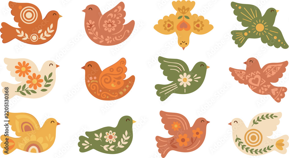 Obraz premium Warm Autumn Palette Folk Art Bird Icon Set with Decorative Flowers and Sun Elements for Thanksgiving Greeting Cards and Retro Fabric Patterns