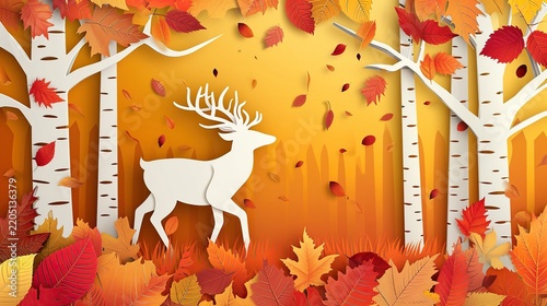 Majestic white deer silhouette in a vibrant autumn forest with falling leaves, featuring layered paper cut art style and warm seasonal colors for a decorative 3D background.