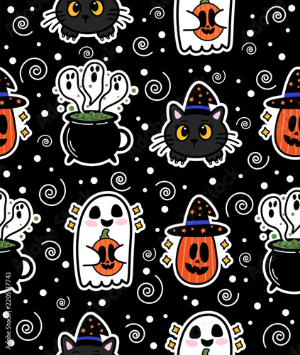 A Halloween pattern on a black background.