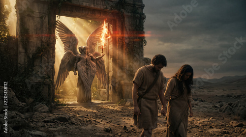 Adam and Eve Expelled From the Garden of Eden, Cherubim Guarding the Entrance With a Flaming Sword
