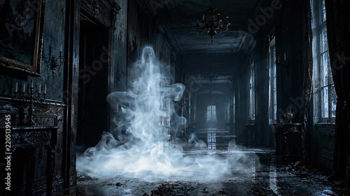 Halloween ghost apparition floating in a dark abandoned mansion hallway with moody cinematic lighting