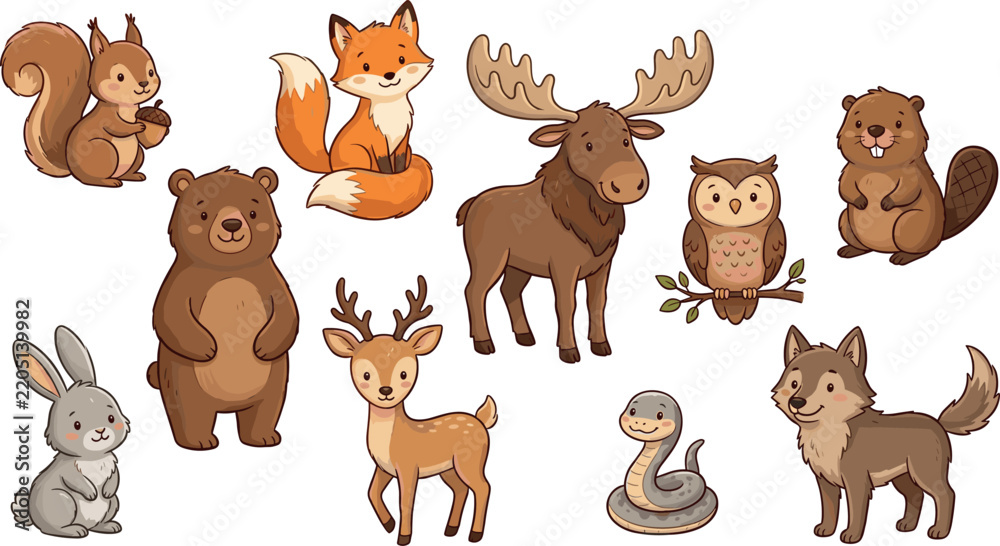Obraz premium Cute Woodland Animals Vector Sticker Set with Cartoon Bear Fox Deer Owl Squirrel Moose Beaver Rabbit Wolf and Snake Characters Collection