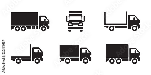 Diverse collection of six black trucks including articulated and rigid designs for freight transport.