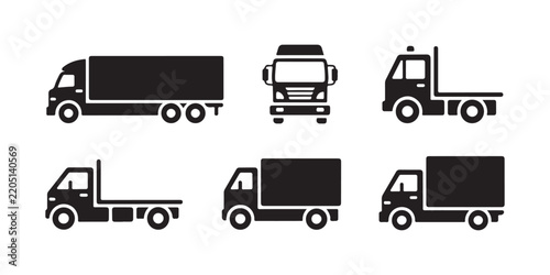 Set of heavy duty commercial truck silhouette icons for logistics and freight transport management.
