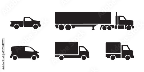Black silhouette collection of commercial transport vehicles including pickup truck and cargo van.
