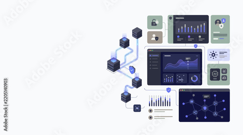 Cloud Computing and Data Analytics Dashboard with Cybersecurity Server Network Infrastructure Illustration on White Background with Copy Space