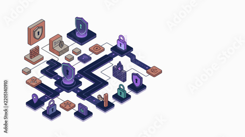 Isometric Cybersecurity Network Infrastructure Illustration with Padlocks, Shields, and Firewalls representing Data Privacy and Digital Protection
