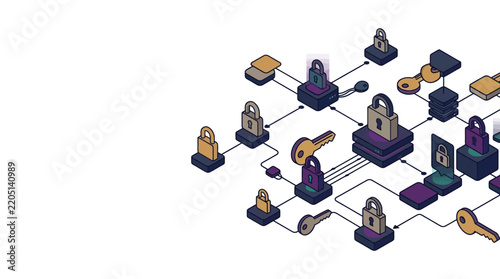 Isometric Cybersecurity Network Illustration with Padlocks and Keys Representing Data Protection, Blockchain Technology, and Digital Encryption on White Background