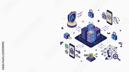 Modern Isometric Cybersecurity and Data Protection Concept featuring AI, Cloud Servers, and Mobile Security Authentication