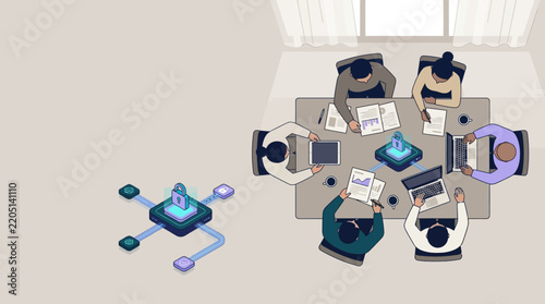 Business Team in Meeting Discussing Cybersecurity and Data Privacy Protection Top Down View Illustration