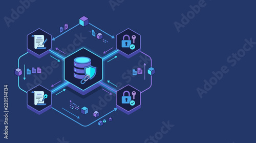 Isometric Blockchain Security and Data Protection Network Illustration with Smart Contracts and Encrypted Database Concept