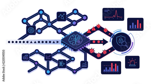 Artificial Intelligence Cybersecurity Concept with Neural Network and Data Threat Detection Monitoring