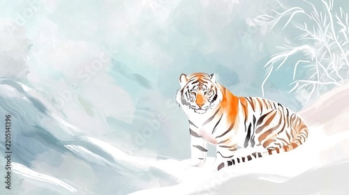 Minimalist watercolor illustration of a charming tiger in a snowy winter landscape with soft abstract backgrounds and painterly textures.
