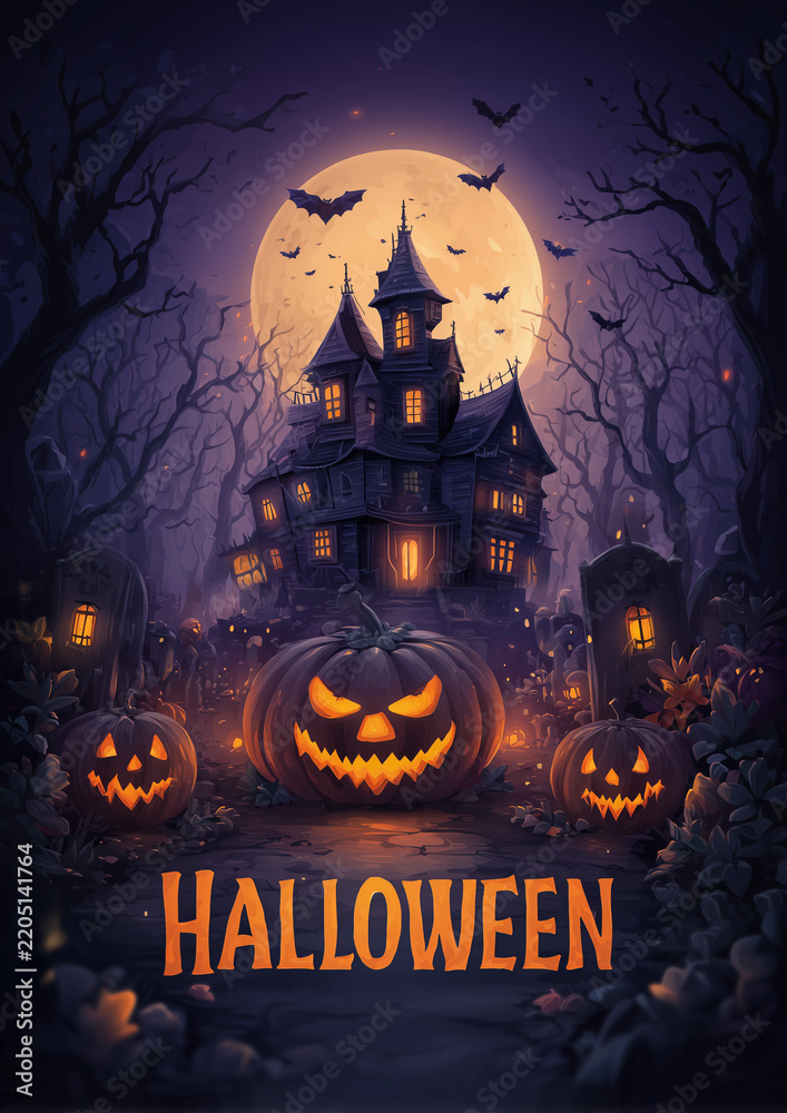 Fototapeta premium Halloween party comic horror poster with haunted forest and evil pumpkin
