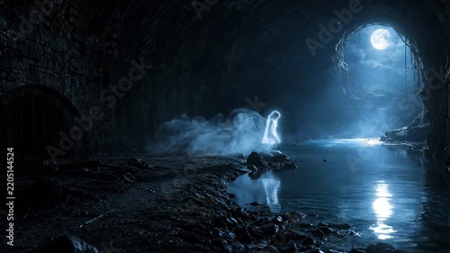 Ghostly figure in white dress walking through a dark cavern under a full moon with water reflection