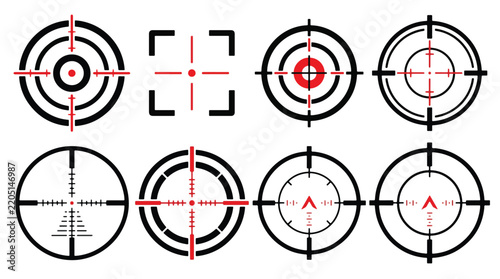 Collection of minimal red and black target reticle icons and crosshair designs.