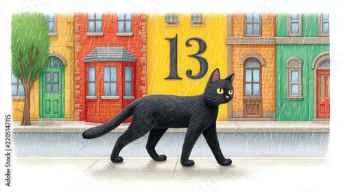 Black cat walking past colorful row houses beneath a large number thirteen in a whimsical hand drawn street illustration