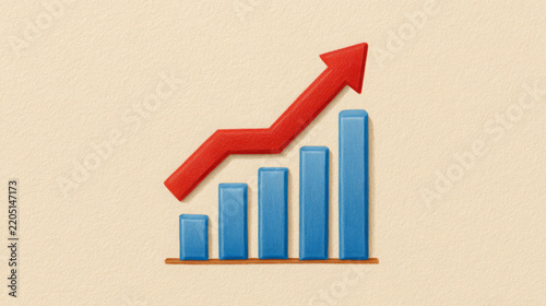 Blue ascending bar chart with red upward arrow on textured beige background, showing growth, progress, improvement, rising statistics, and financial increase in illustrated infographic design