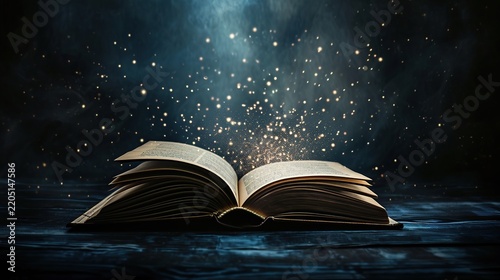 Open magical book with glowing golden particles and mystical light on dark wooden background, fantasy storytelling and ancient wisdom concept.