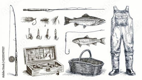 Fishing tools, including rods, reels, lures, and a tackle box with fish. Waders and a creel basket are also included.
