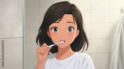 Cartoon illustration of young woman brushing teeth with toothbrush in tiled bathroom, dark hair, white shirt, and towel visible in background, personal hygiene scene