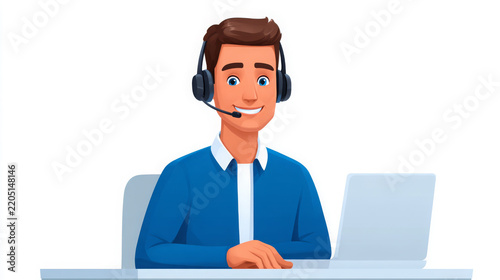 Cartoon customer service representative wearing headset and blue shirt, seated behind laptop on clean white background, digital character illustration with workplace design
