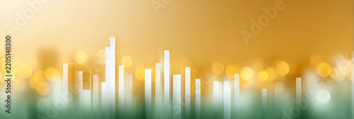 Abstract glowing city skyline with tall white architectural forms against golden bokeh lights and soft green haze, panoramic urban background illustration
